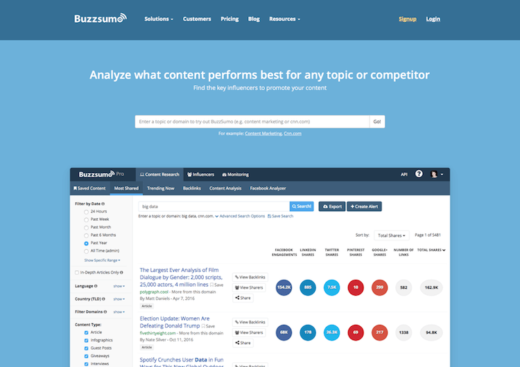 Screenshot der Startseite von BuzzSumo - Find the Most Shared Content and Key Influencers by webpixelkonsum