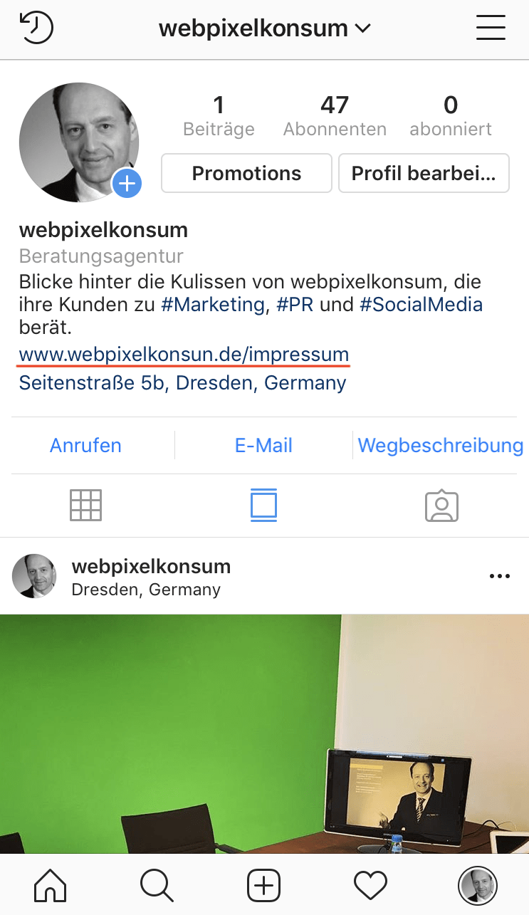 Instagram-Business-Account von webpixelkonsum - Social Media und das Impressum: Achte darauf!