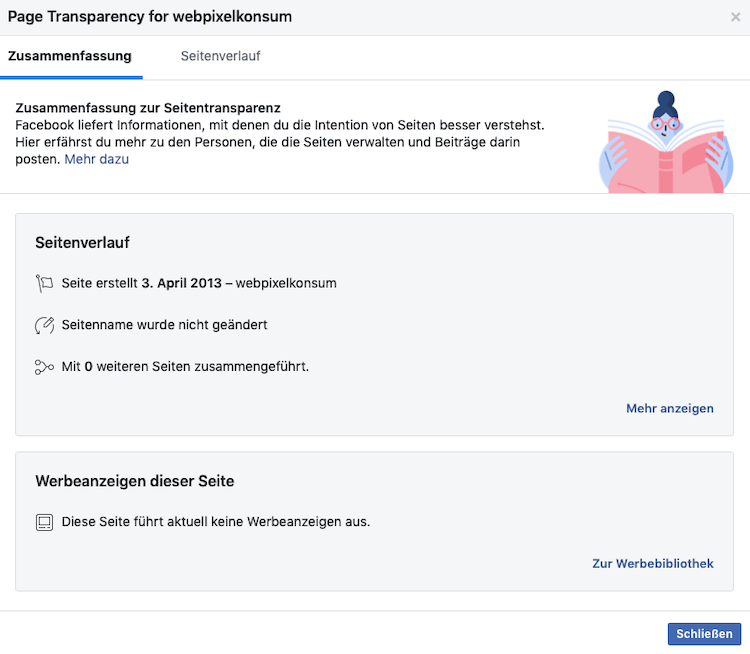 Facebook Seitentransparenz der Facebook Seite von webpixelkonsum