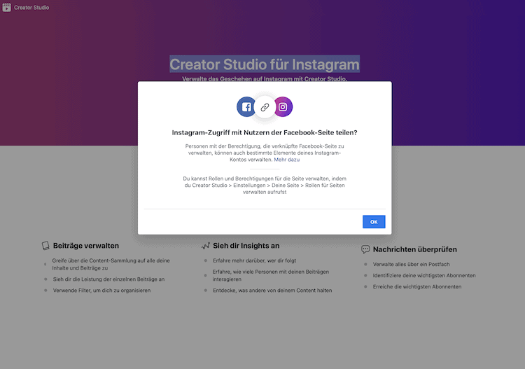 Abbildung zeigt die Startseite von dem Creator Studio für Instagram