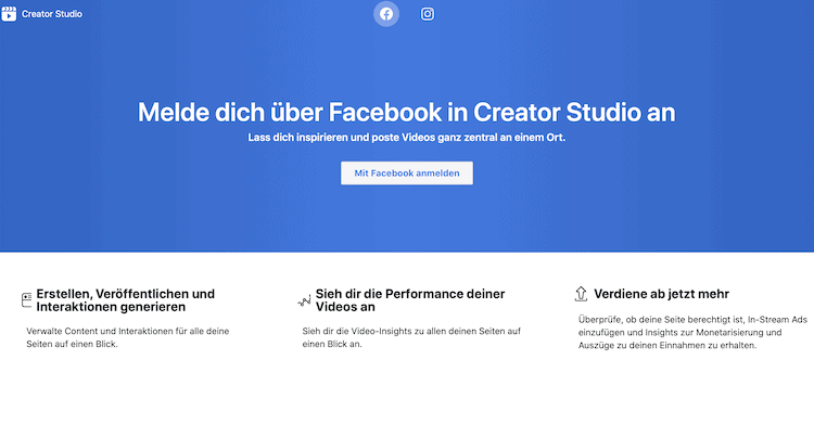 Abbildung zeigt die Webseite von Facebook zum Anmelden über Facebook in Creator Studio