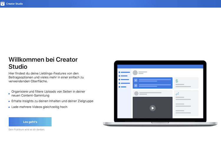 Abbildung zeigt die Webseite von Facebook - Willkommen bei Creator Studio