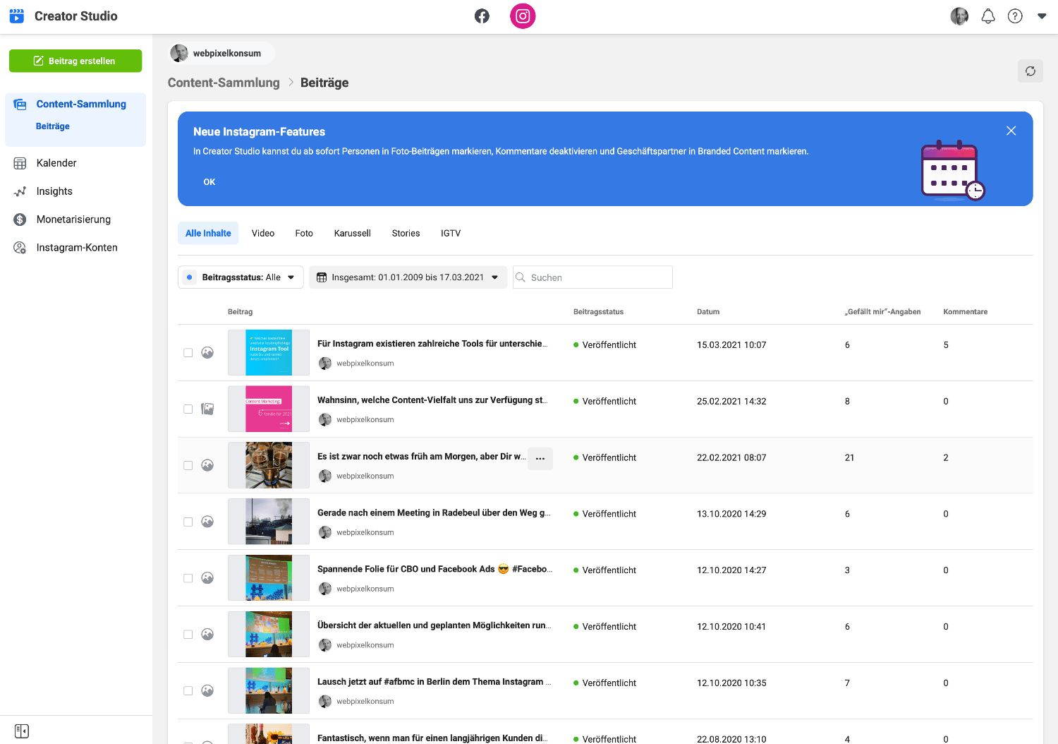 Diese Abbildung zeigt Dir alle Beiträge auf Instagram im Creator Studio wie Video, Foto, Karussell, Stories und IGTV.