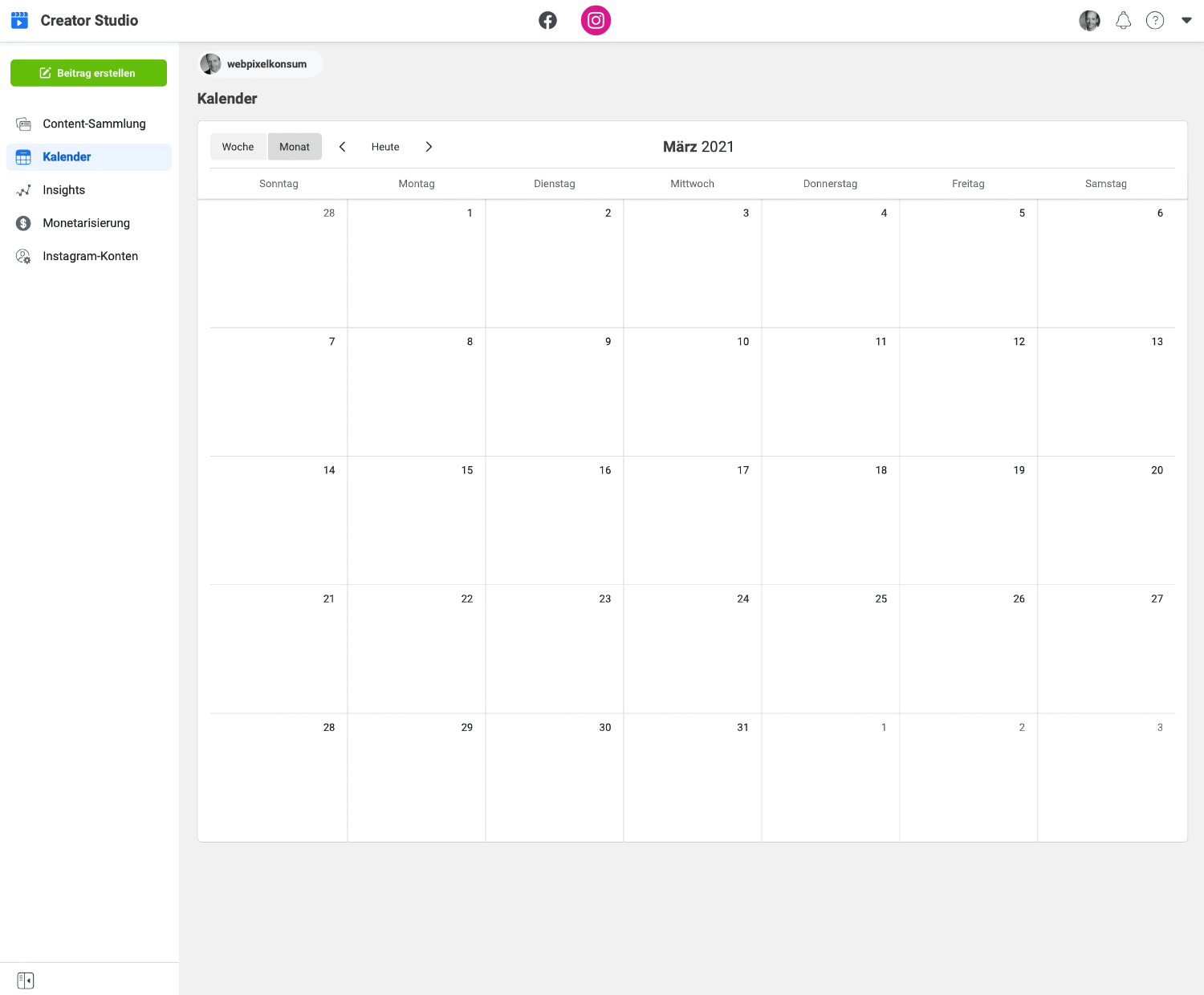 Kalender im Creator Studio für Instagram, der die geplanten Instagram Posts beinhaltet