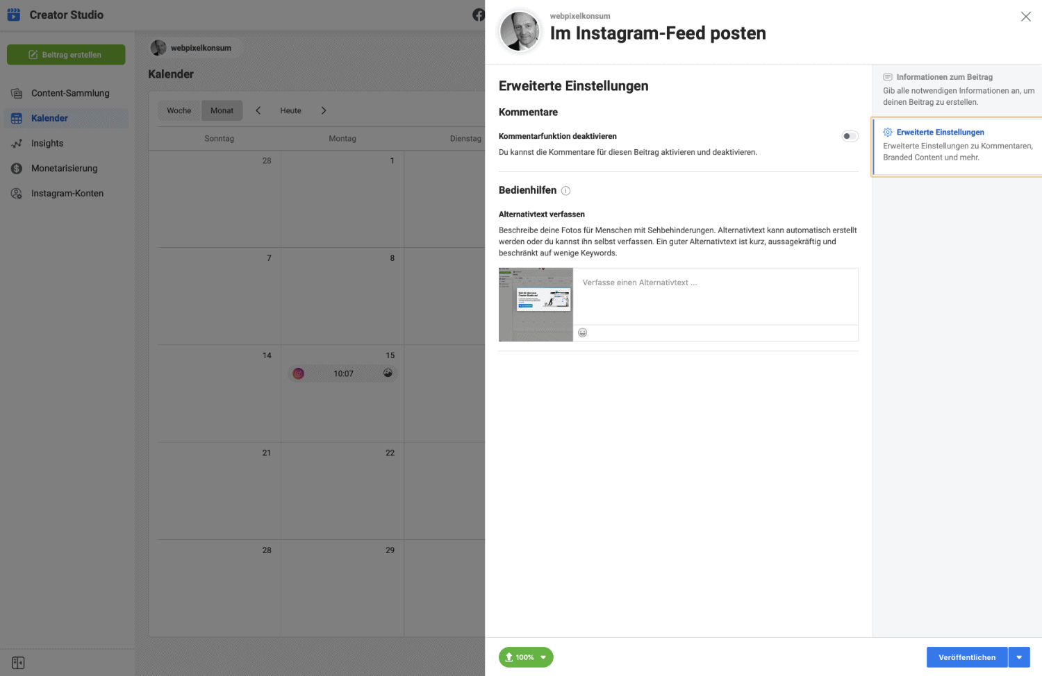 Diese Abbildung zeigt die erweiterte Einstellung zum Erstellen von Instagram Post im Creator Studio von Instagram