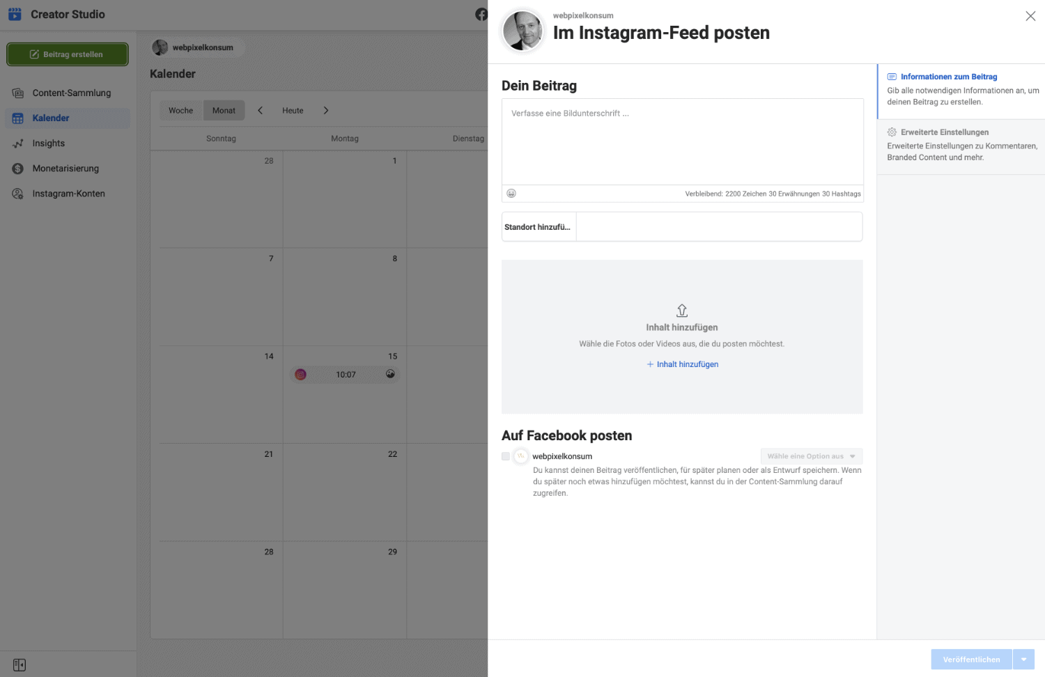 Diese Abbildung zeigt die Informationen zum Beitrag für das Erstellen von Instagram Post im Creator Studio von Instagram