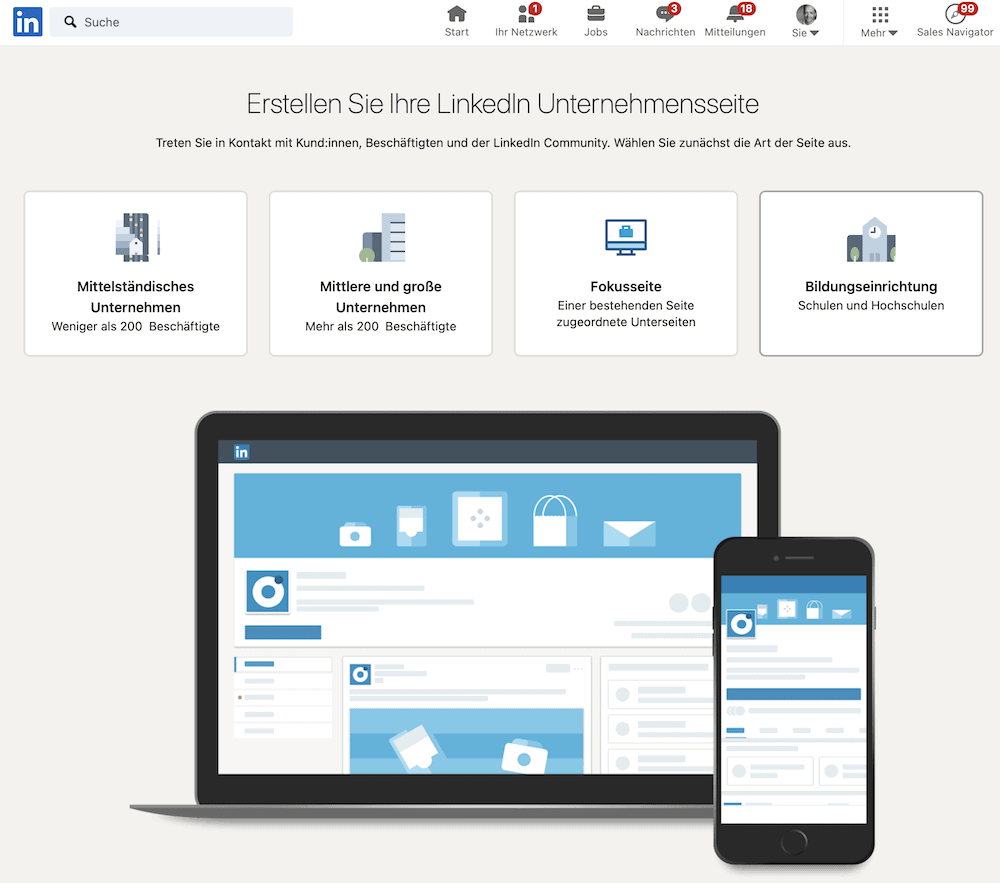 Diese Abbildung zeigt für das Erstellen einer Unternehmensseite auf LinkedIn den Schritt 1 - So können B2B-Unternehmen mit LinkedIn starten