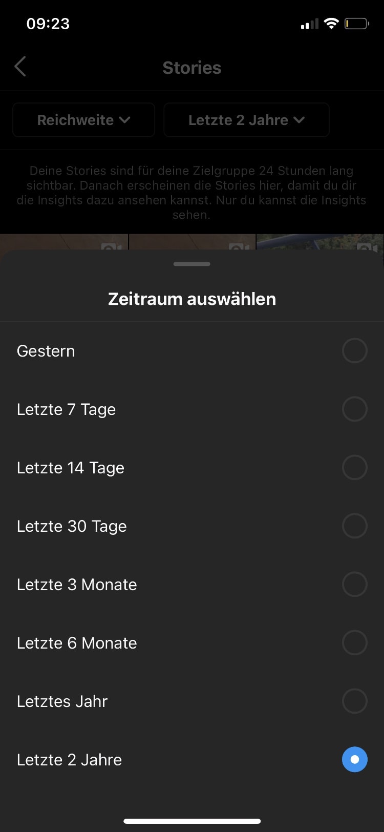 Diese Abbildung zeigt die Instagram-Insights-Story für einen Instagram-Business-Account. Die Historie, Dauer reicht von gestern, über 7 Tage bis 2 Jahre zurück - Instagram Insights für Unternehmen.