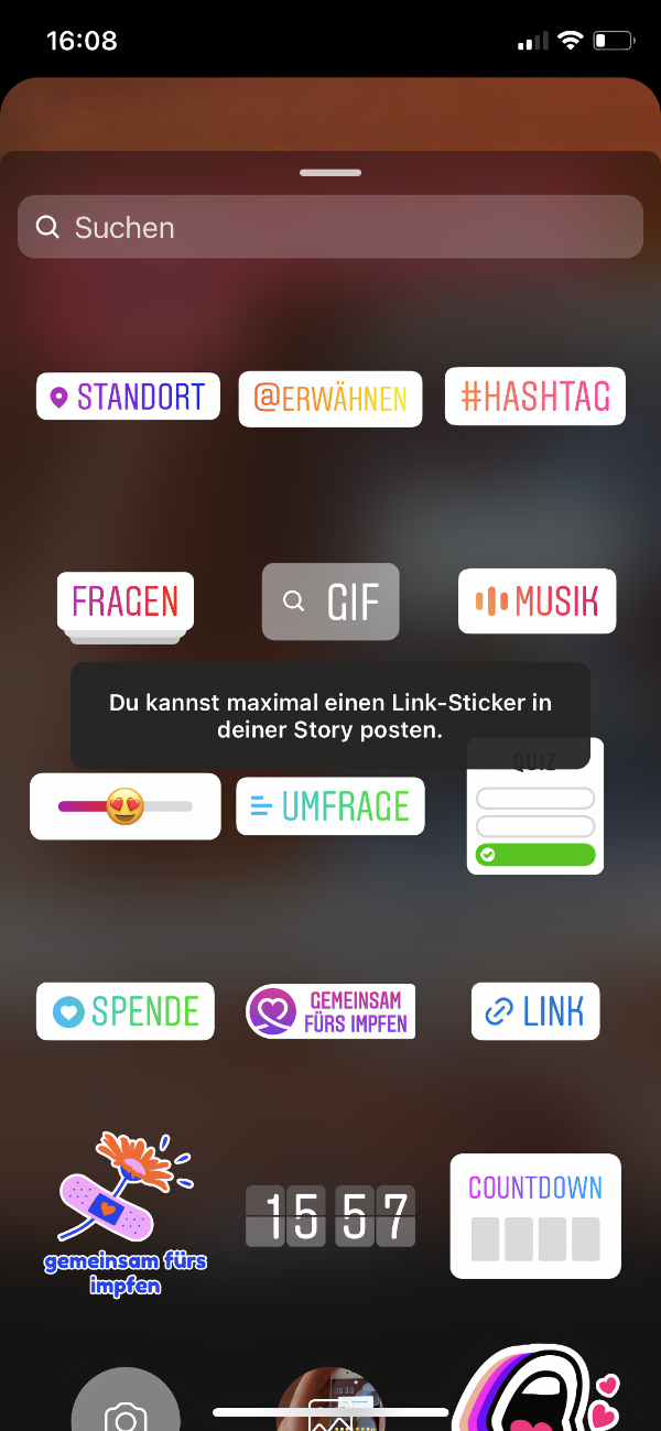 Die Abbildung zeigt für die Instagram Story den Sticker Link und den Hinweis, nur einen Link zu verwenden von webpixelkonsum