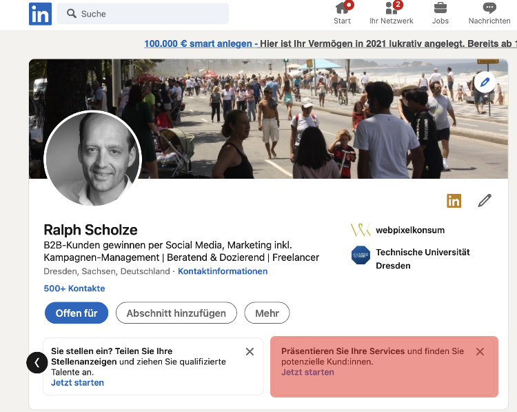 Diese Abbildung zeigt das LinkedIn-Profil von Ralph Scholze für den Start von LinkedIn-Services-Marketplace