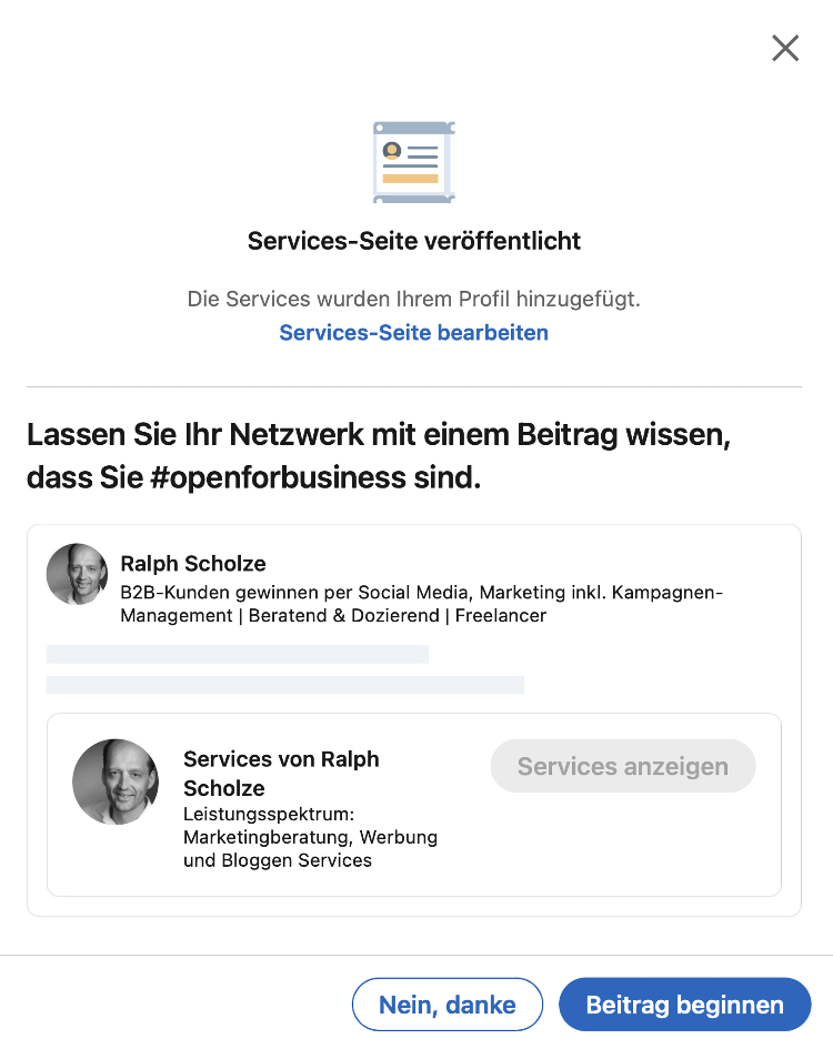 Diese Abbildung zeigt den Schritt 5 zum Einrichten des LinkedIn-Services-Marketplace mit der Info, dass die Services-Seite veröffentlicht ist und der Aufforderung: Beitrag beginnen.