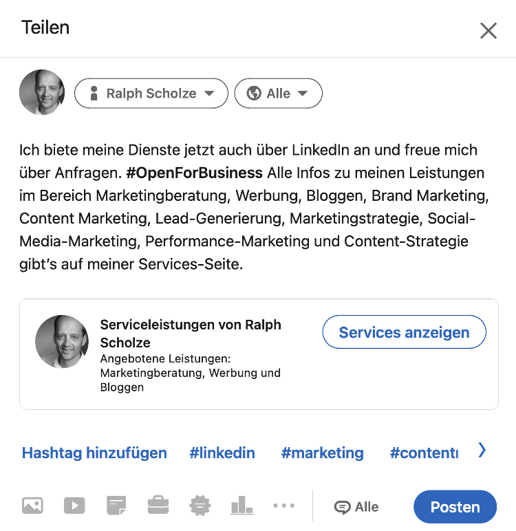 Diese Abbildung zeigt einen vorgefertigten Beitrag von und für LinkedIn als 7. Schritt im Einrichtungsprozess für den LinkedIn-Services-Marketplace.