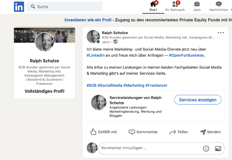 Diese Abbildung zeigt im LinkedIn-Profil den publizierten LinkedIn-Beitrag mit der Verlinkung zur Services-Seite als 9. Schritt zum Einrichten von LinkedIn-Services-Marketplace.