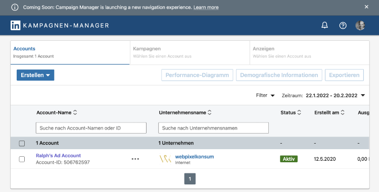 Die Abbildung zeigt das aktuelle Dashboard mit Hinweis auf das neue Design für den LinkedIn-Kampagnen-Manager