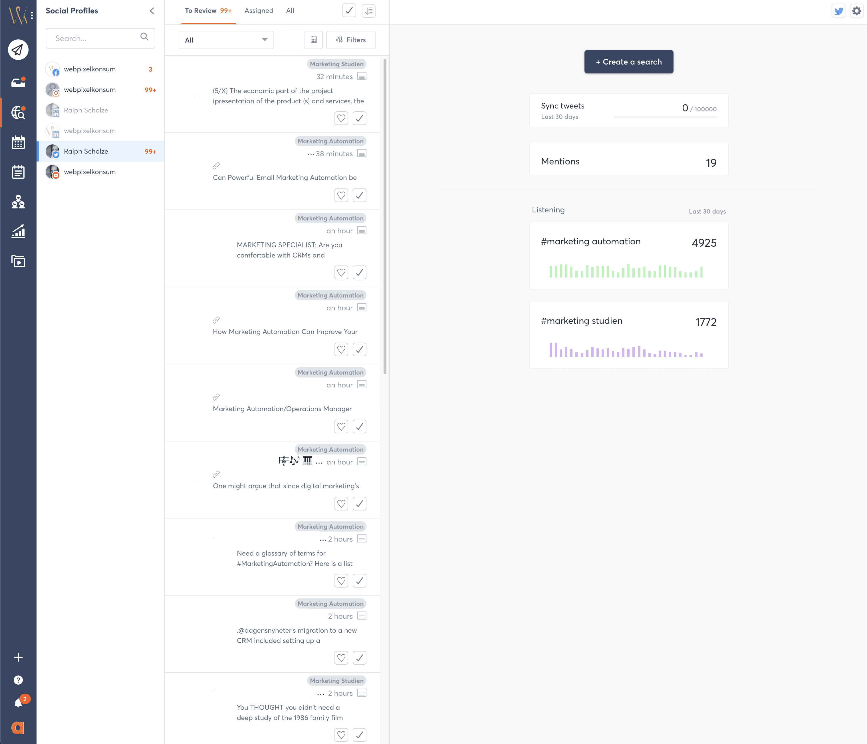 Diese Abbildung zeigt für das Social-Media-Management-Tool Agorapulse einen Ausschnitt von Social-Media-Monitoring zu ausgewählten Suchbegriffen je Social-Media-Plattform.