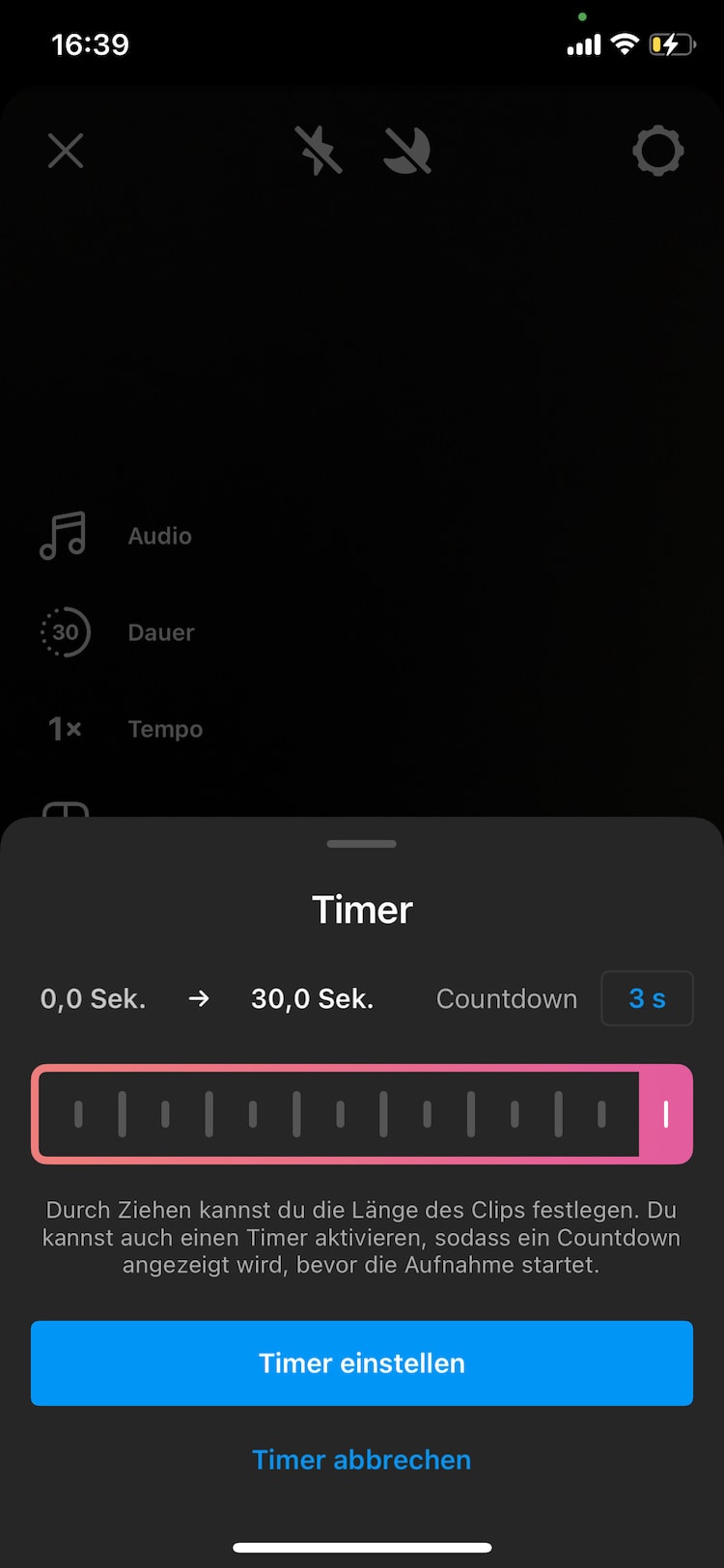 Diese Abbildung zeigt für die technische Funktion der Instagram Reels den Timer inklusive Countdown und die Zeit zum automatischen Stoppen der Aufnahme für das Video.