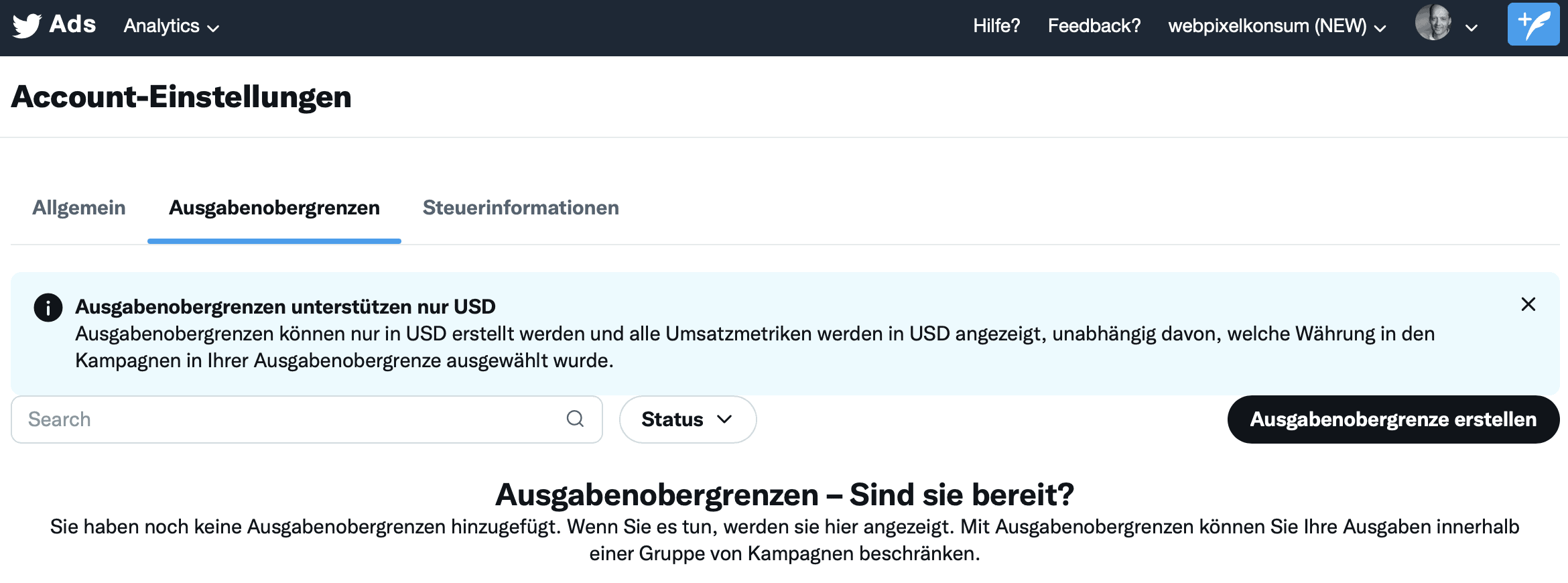 Diese Abbildung zeigt für das Einrichten einer Twitter Kampagne die Einstellungen für das Werbekonto auf Twitter (Ads Account) mit der Funktion Ausgabenobergrenzen.