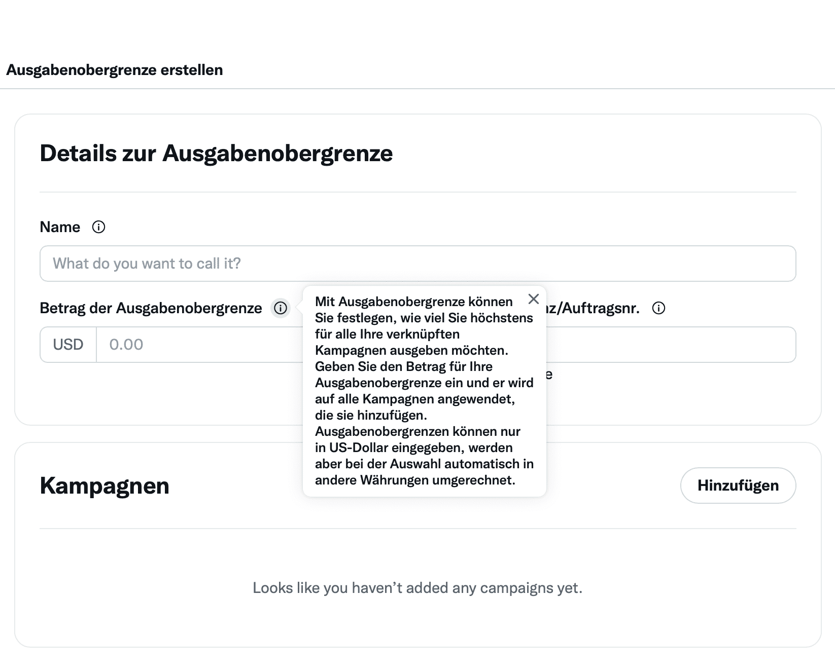 Diese Abbildung zeigt für das Einrichten einer Twitter Kampagne die Einstellungen für das Werbekonto auf Twitter (Ads Account) mit der Funktion Details zur Ausgabenobergrenze.