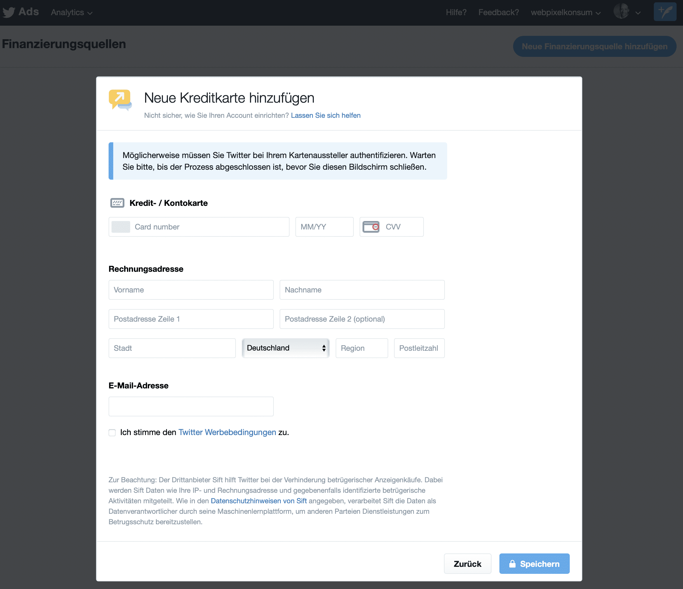 Diese Abbildung zeigt für das Einrichten einer Twitter Kampagne die notwendige Angabe zu dem Zahlungsmittel für Twitter Kampagnen.
