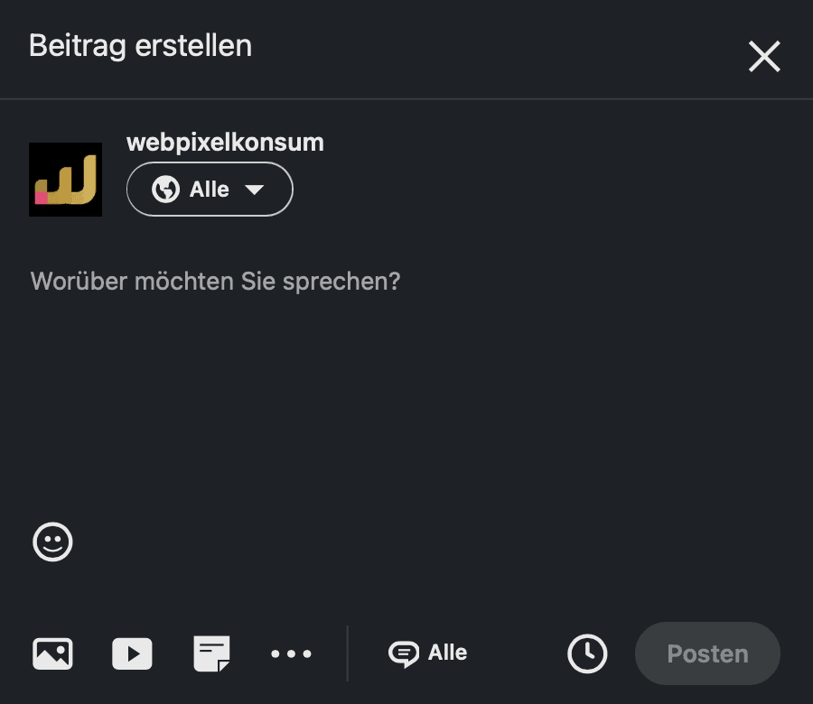 Diese Abbildung zeigt den 1. Schritt, wenn Du auf LinkedIn einen Beitrag teilen willst. So lange kein Zeichen in dem LinkedIn-Beitrag steht, ist der Button - Posten - inaktiv wie auf dieser Abbildung zu sehen.