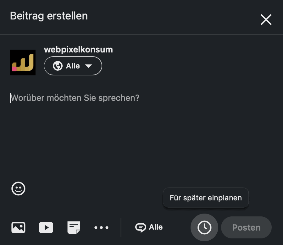 Auf dieser Abbildung ist zu sehen, wo sich der Button zum Planen von einem Beitrag auf LinkedIn befindet.