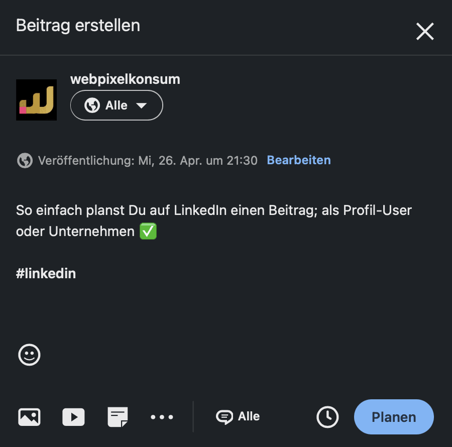 Nachdem die geplante Zeit festgelegt ist, kann mit dem Klick auf den Button - Planen - dieser Beitrag in die Warteschleife zugeordnet werden. Diesen letzten Schritt übernimmt LinkedIn automatisch.