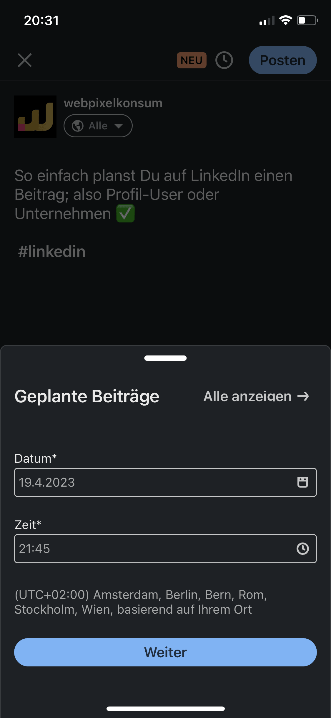Diese Abbildung zeigt am Smartphone die Auswahl für das Datum und die Uhrzeit zum Planen von einem Beitrag für eine LinkedIn Seite.