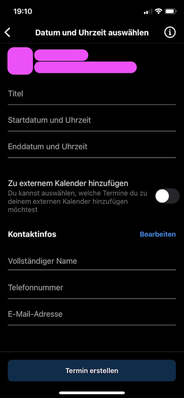 Die Abbildung zeigt die Kontaktinfos zum Termin buchen auf Instagram direkt in der App.