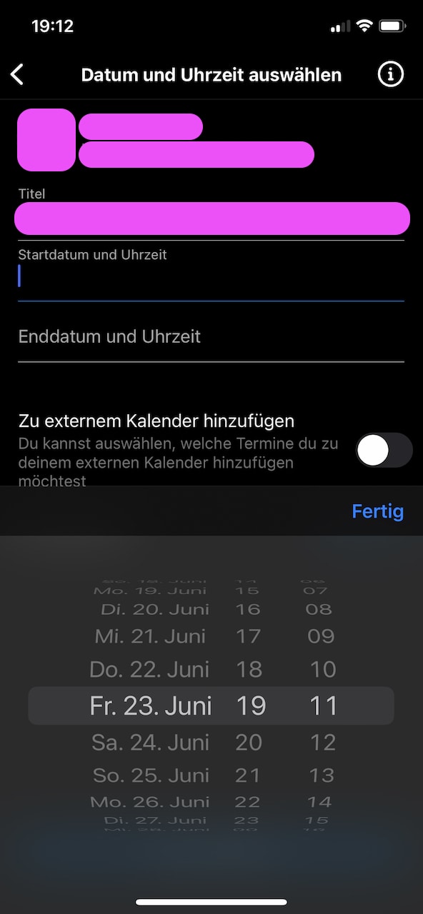 Die Abbildung verdeutlicht zum Buchen von einem Termin auf Instagram das Festlegen von Datum und Uhrzeit direkt in der App.