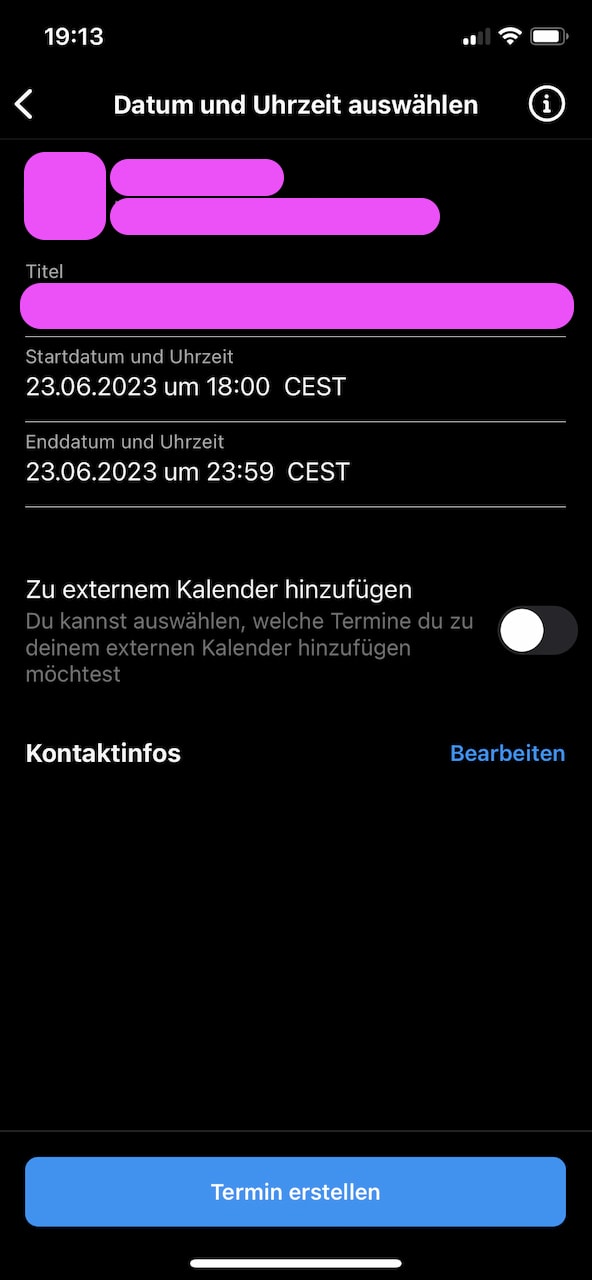 Diese Abbildung zeigt das festgelegte Startdatum mit Uhrzeit sowie Enddatum und Uhrzeit für einen Termin direkt in der Instagram-App.