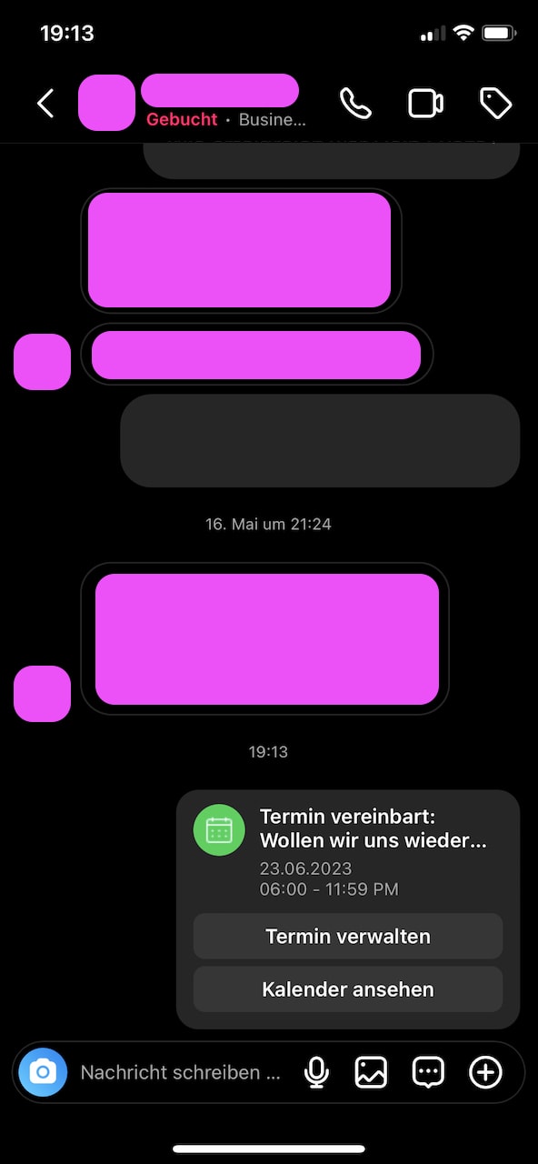 Ob ein Instagram-Termin erfolgreich vereinbart ist, zeigt diese Abbildung. Zusätzlich ist auf ihr Termin verwalten sowie im Kalender ansehen zu sehen.