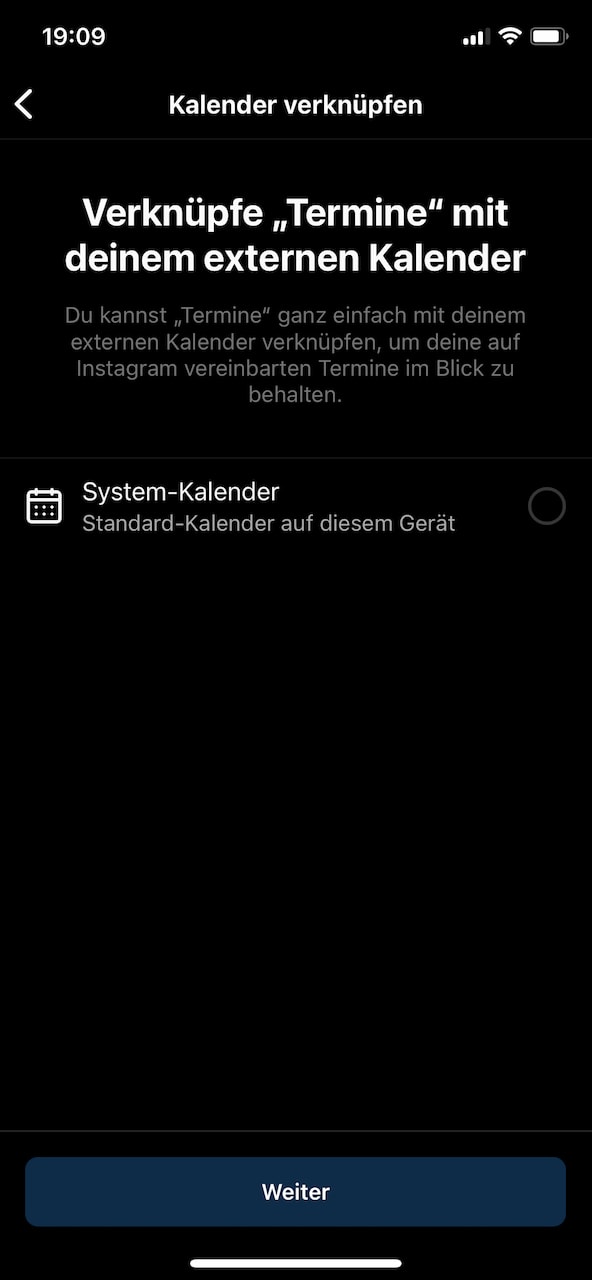 Auf der Abbildung ist die Kalenderverknüpfung mit dem externen Kalender und System-Kalender auf Instagram.