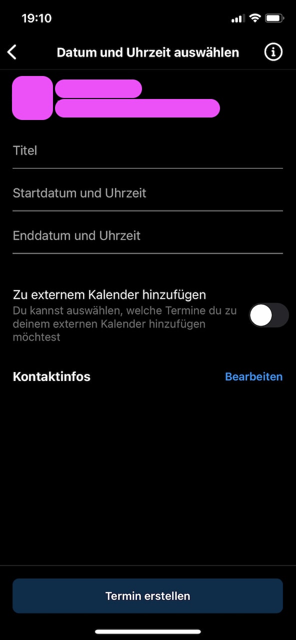 Die Abbildung zeigt die Einstellung für das Datum und die Uhrzeit zum Buchen von einem Termin in der Instagram-App.