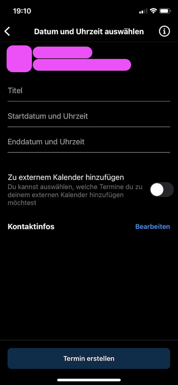Auf der folgenden Abbildung sind die Auswahlmöglichkeiten für das Festlegen von Titel, Startdatum und Enddatum zum Instagram-Termin-buchen zu sehen ist.