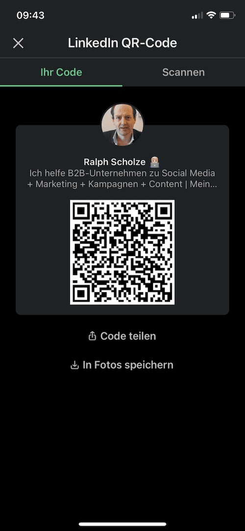 Diese Abbildung zeigt den 2. Schritt, um sehr einfach mittels QR-Code auf LinkedIn per Smartphone einen neuen Kontakt hinzuzufügen.